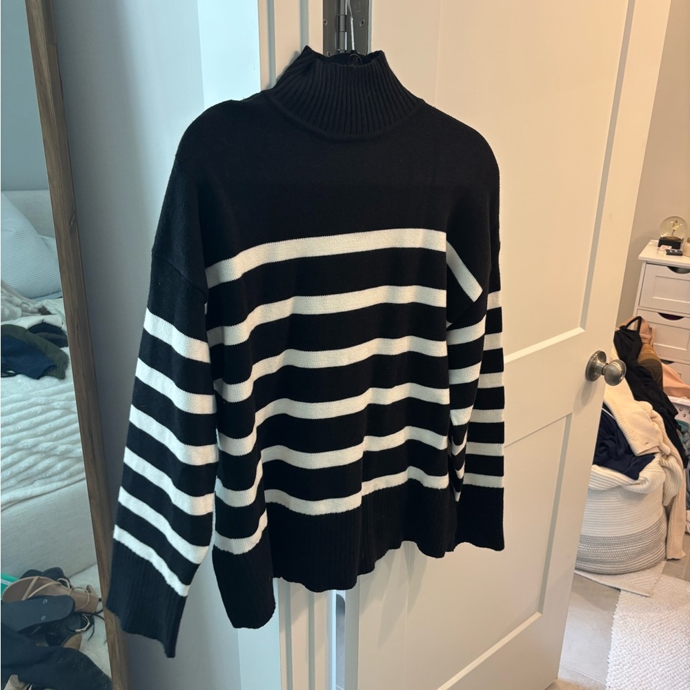 Black and White Striped Turtleneck Sweater